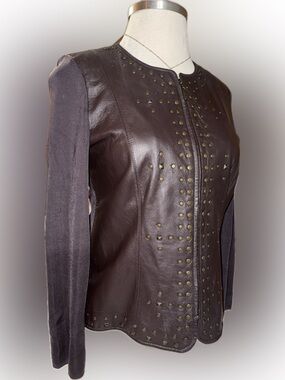 Peter Nygard Dark Brown Leather Studded Jacket with Knit Sleeves